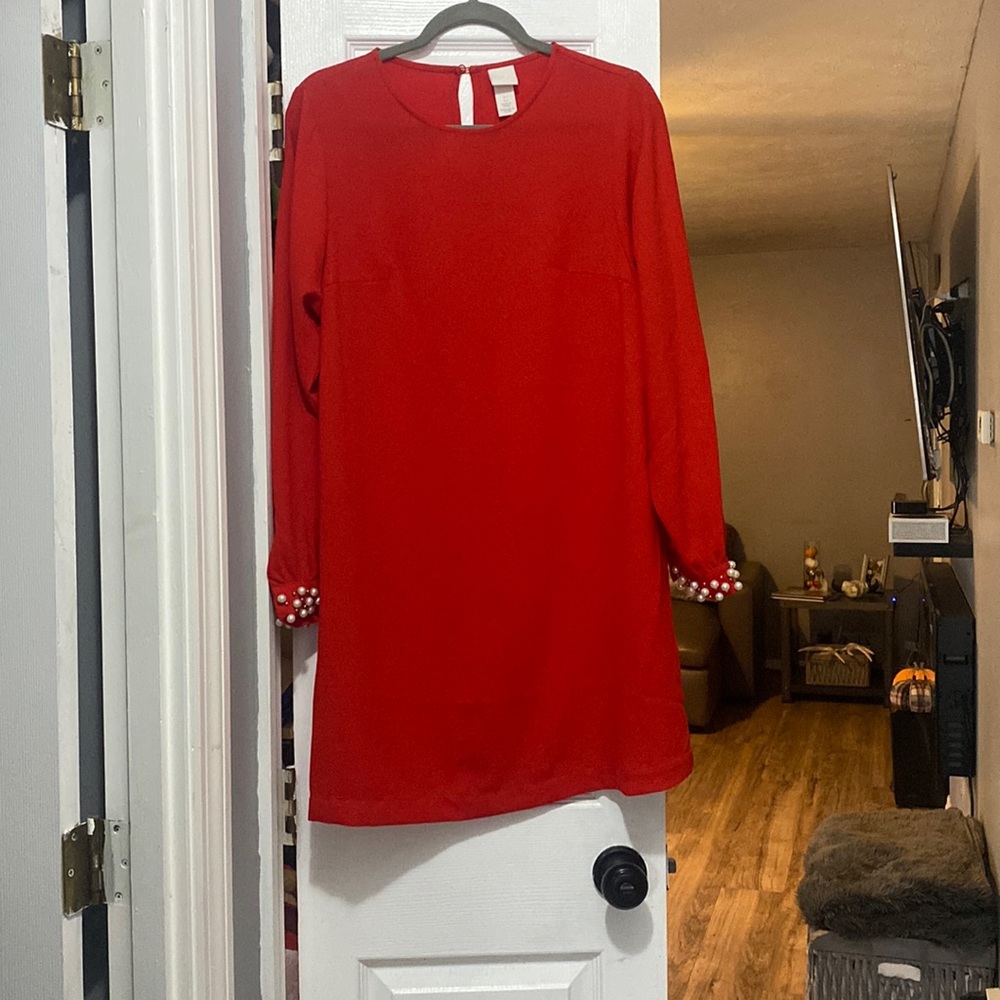 Red long sleeve dress with pearl sleeve